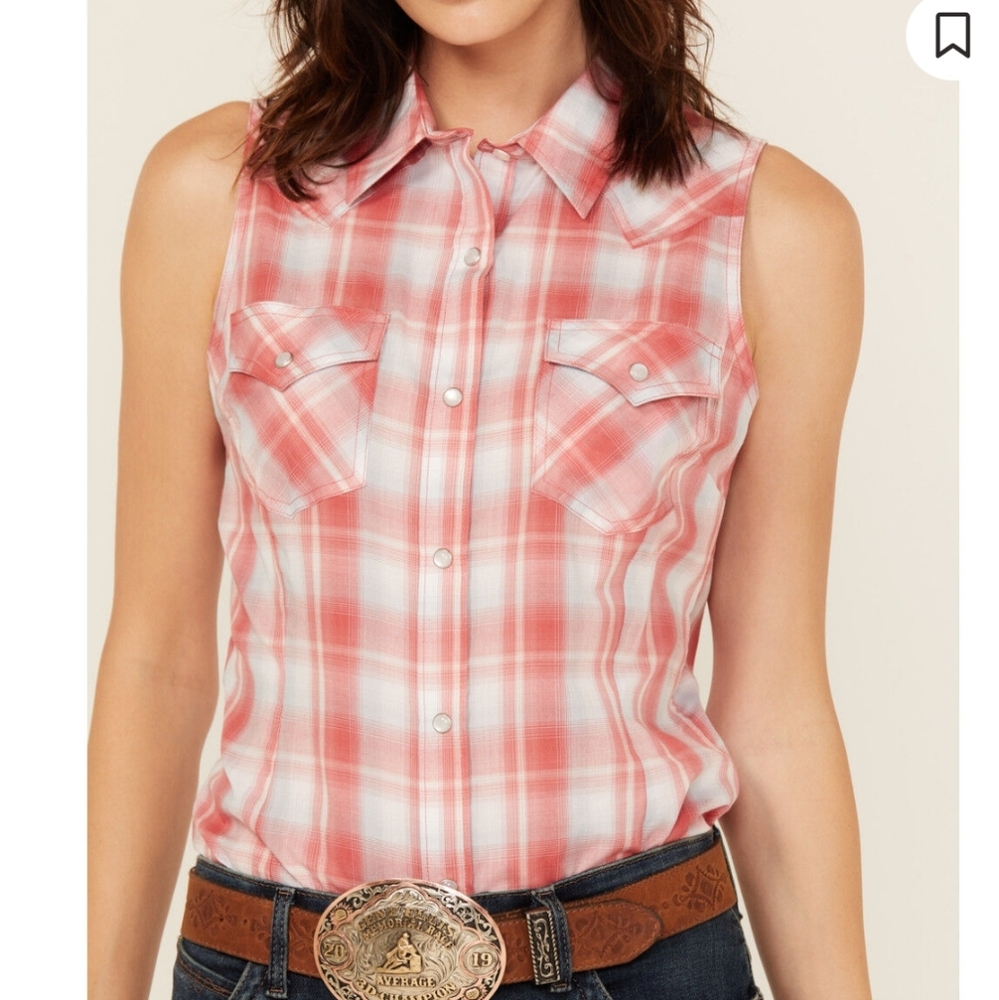 Wrangler Red Plaid Sleeveless Button Down Shirt - Picture 5 of 6